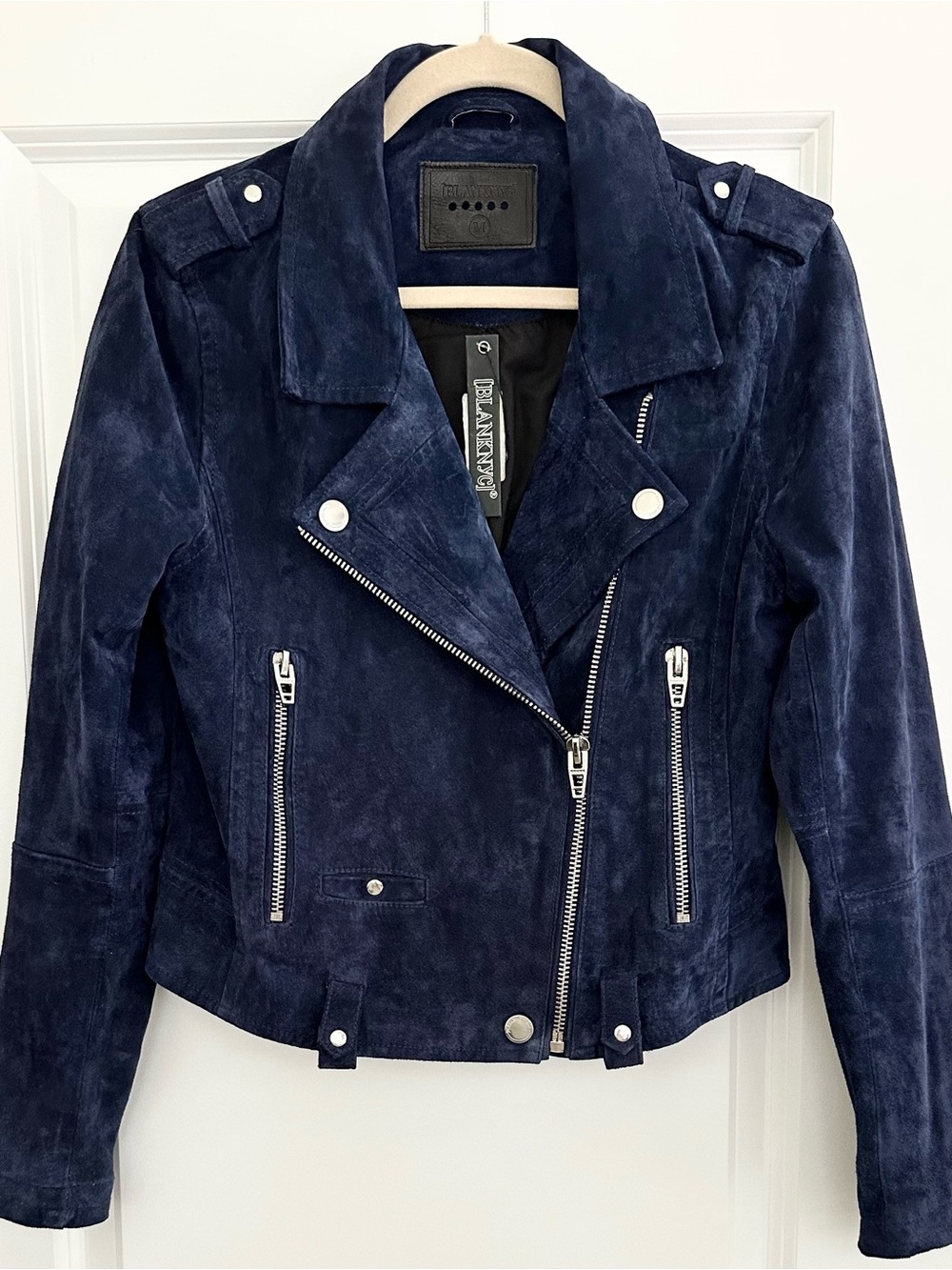 100% Suede Leather Fall Navy Blue Moto Jacket - Blank NYC